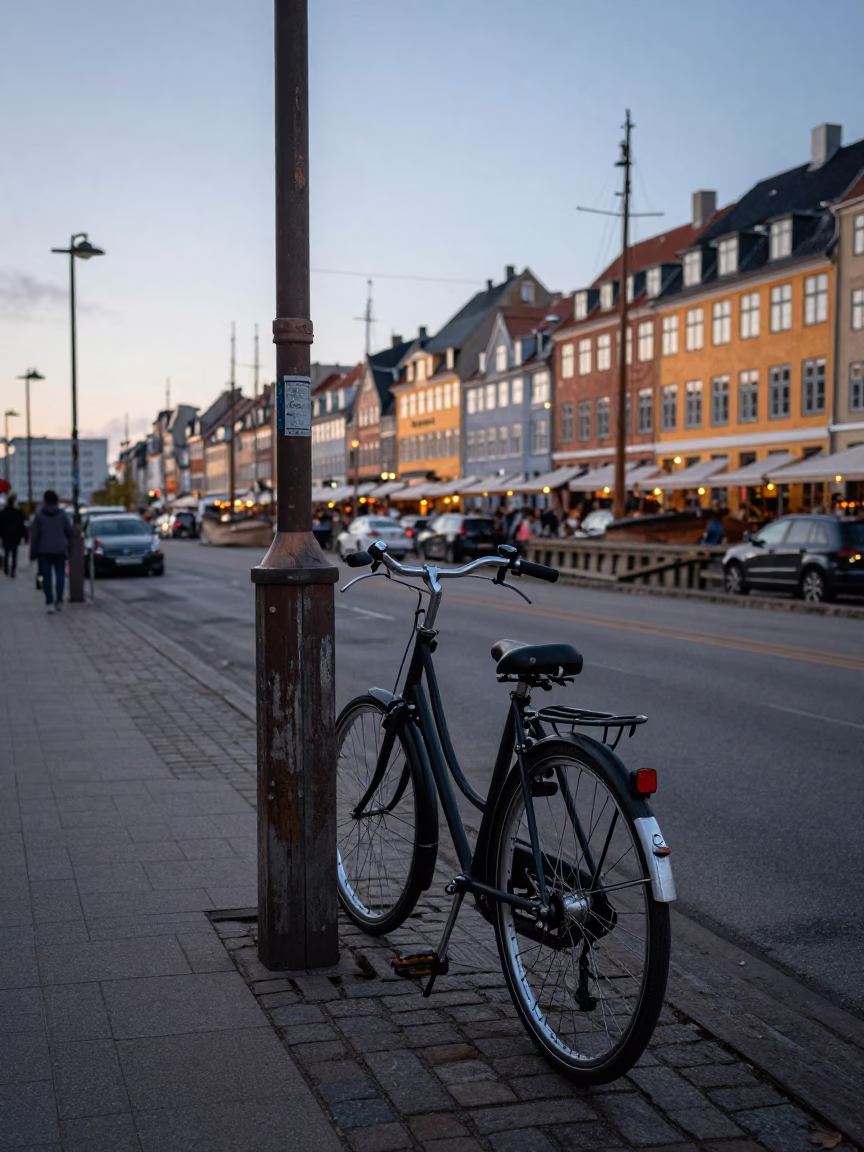 Street Scene in Copenhagen at Nautical Dawn Light in in Copenhagen, Denmark