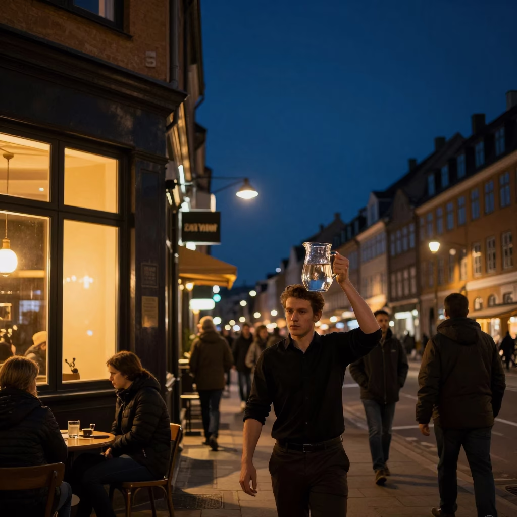 Street Scene in Copenhagen at The Deepest Night Sky Light in in Copenhagen, Denmark