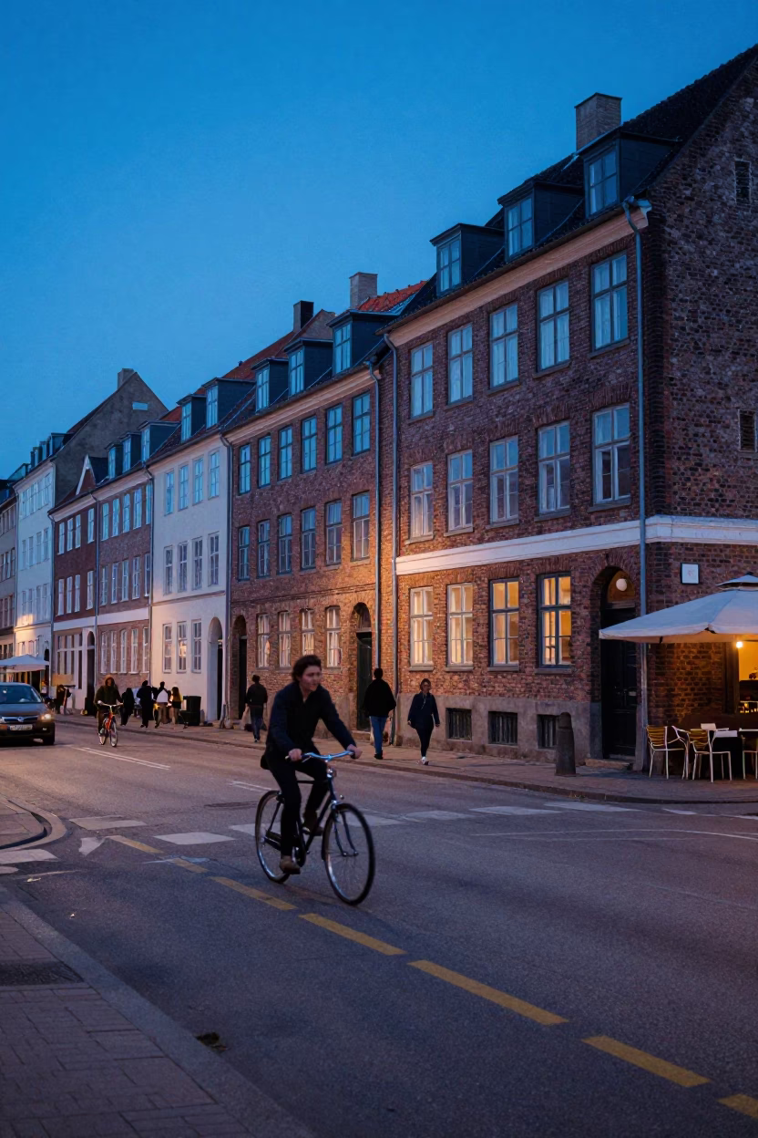 Street Scene in Copenhagen at The Last Blue Light Of Evening in in Copenhagen, Denmark