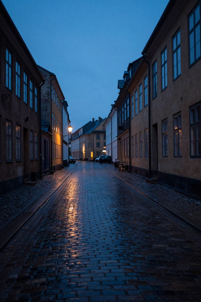 Street Scene in Copenhagen at The Still Hours Before Dawn Light in in Copenhagen, Denmark