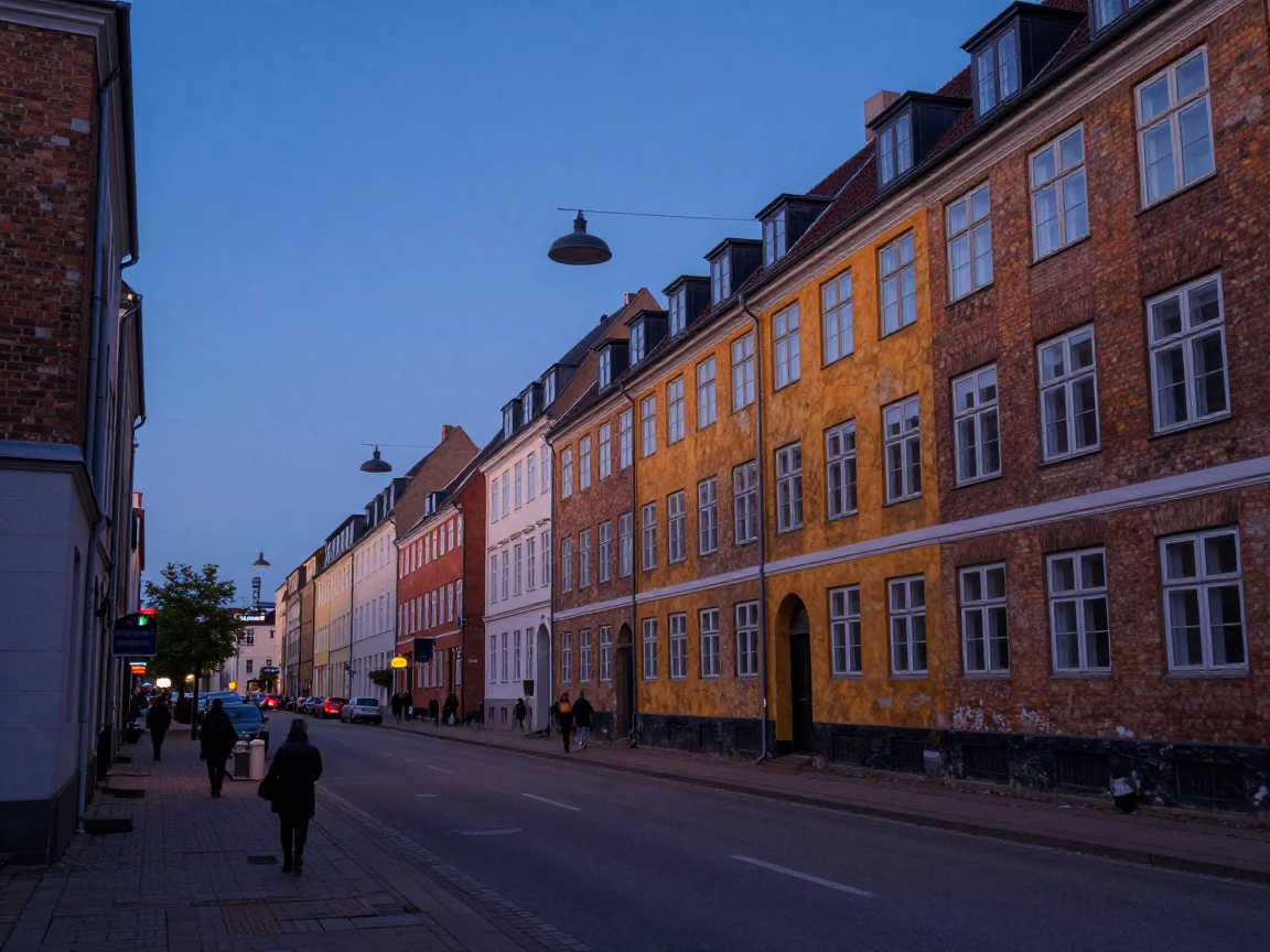 Street Scene in Copenhagen at The Still Hours Before Dawn Light in in Copenhagen, Denmark