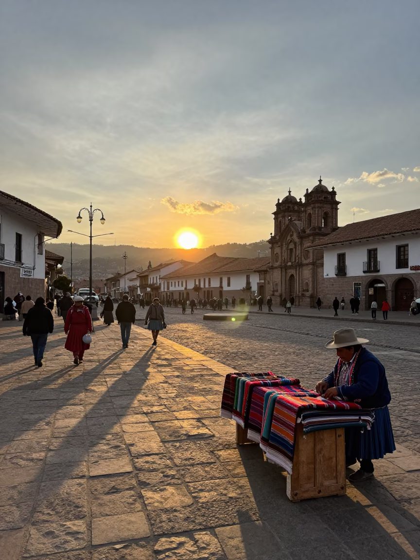 Street Scene in Cusco at As The Sun Drops Toward The Horizon in in Cusco, Peru