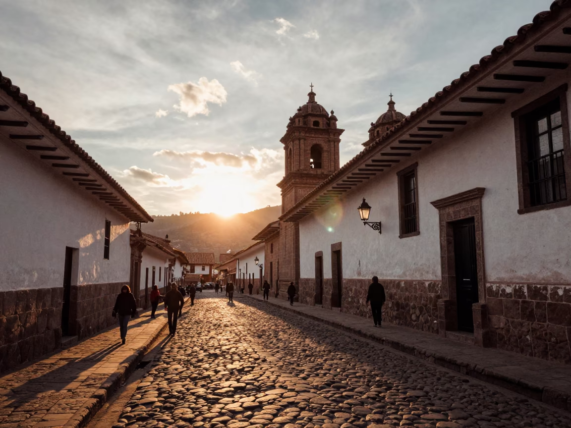 Street Scene in Cusco at As The Sun Drops Toward The Horizon in in Cusco, Peru