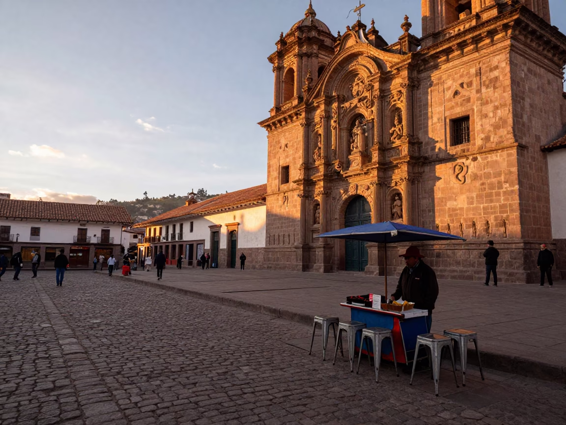 Street Scene in Cusco at As The Sun Drops Toward The Horizon in in Cusco, Peru