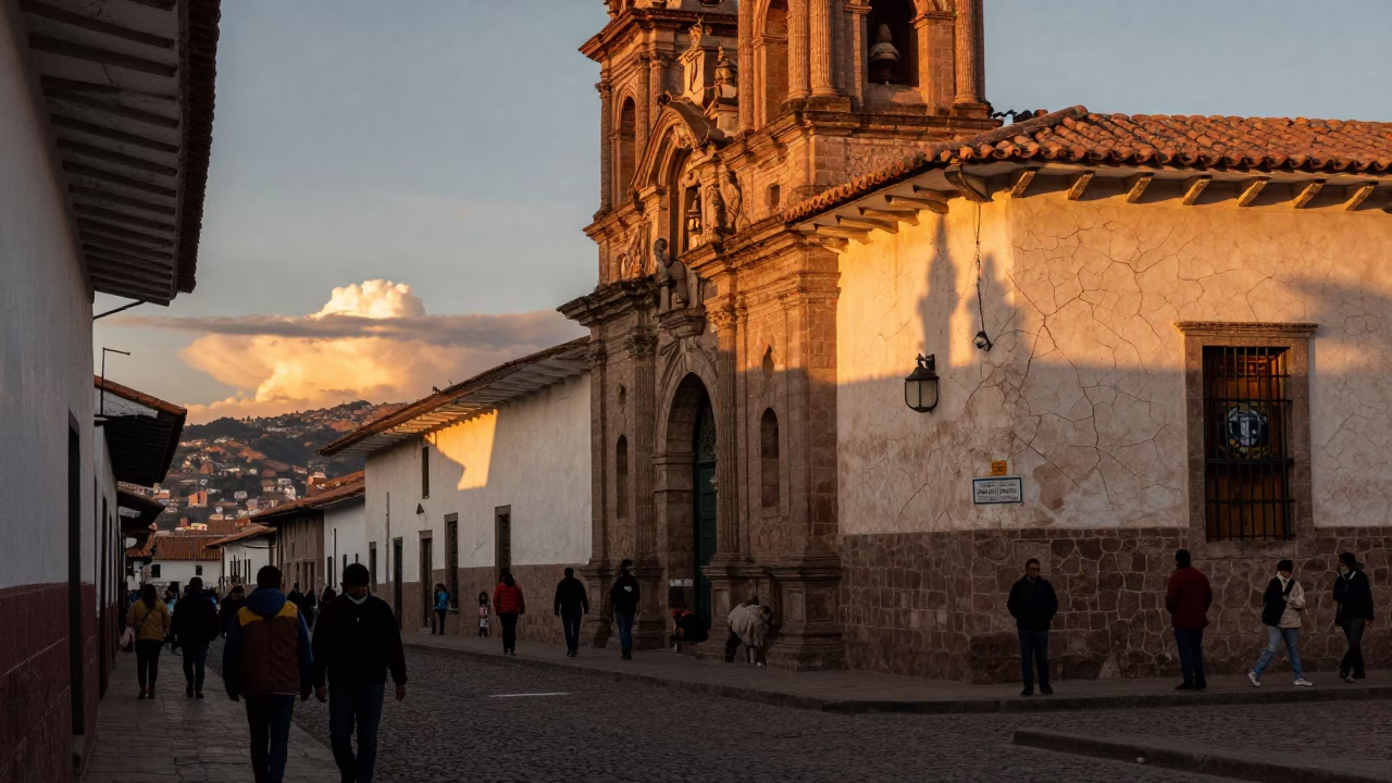 Street Scene in Cusco at As The Sun Drops Toward The Horizon in in Cusco, Peru
