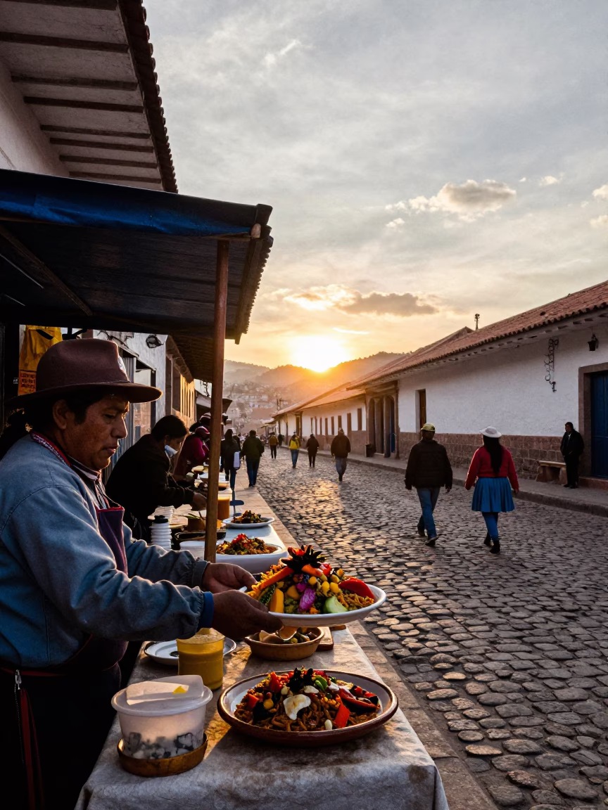 Street Scene in Cusco at As The Sun Drops Toward The Horizon in in Cusco, Peru