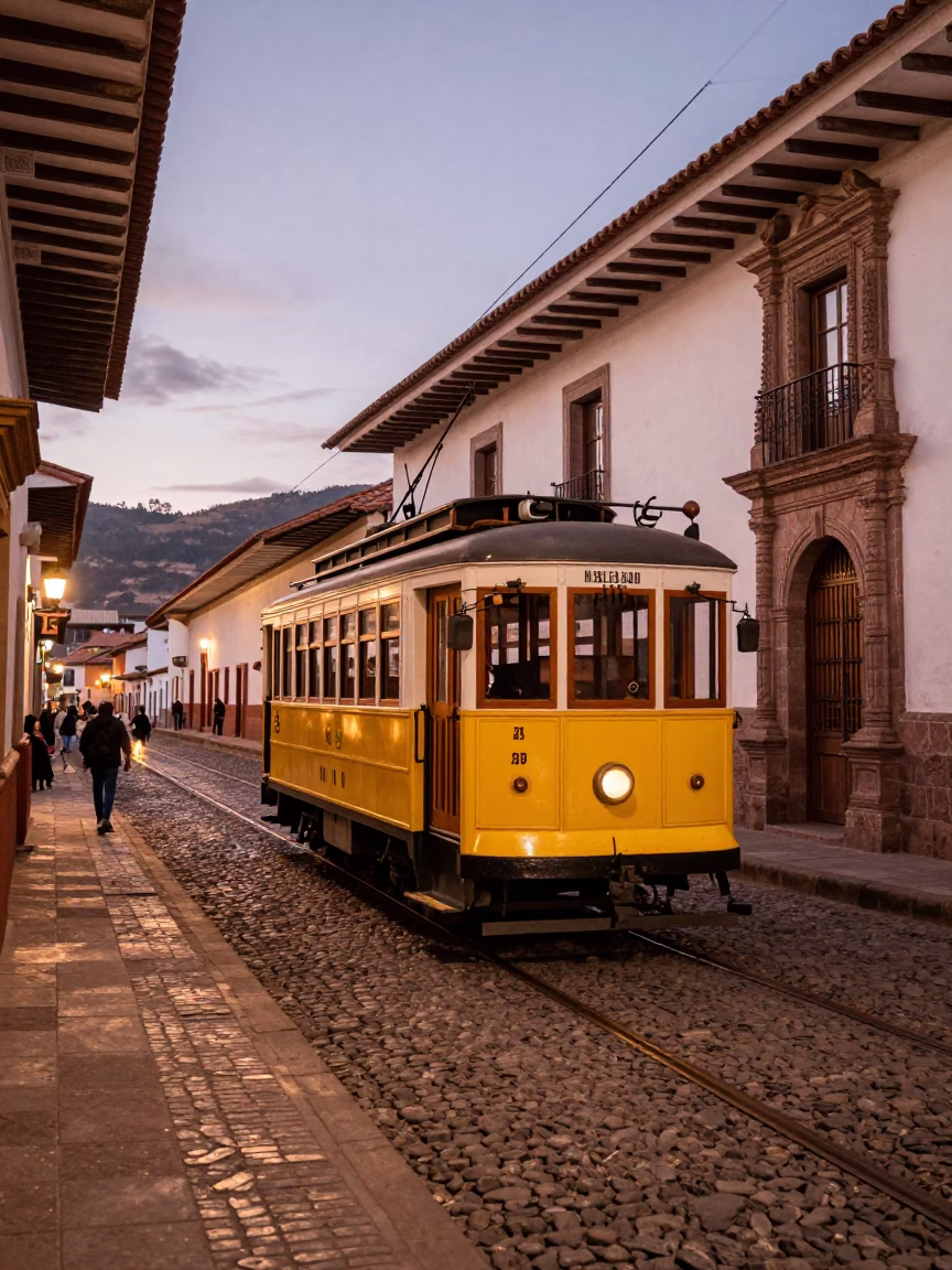 Street Scene in Cusco at Copper-toned Light Before Dusk in in Cusco, Peru