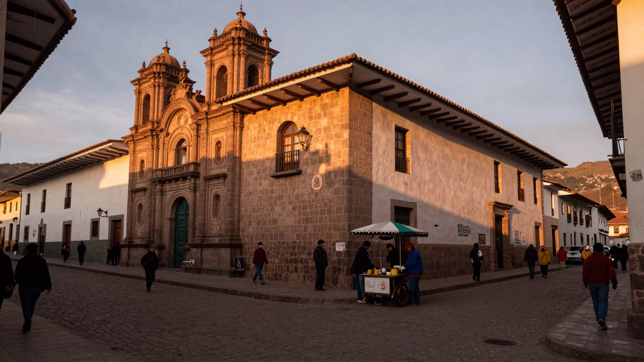 Street Scene in Cusco at Copper-toned Light Before Dusk in in Cusco, Peru