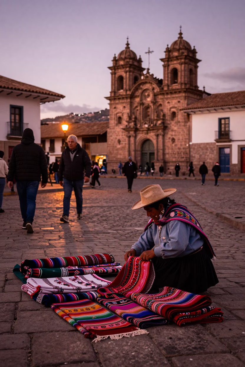 Street Scene in Cusco at Copper-toned Light Before Dusk in in Cusco, Peru