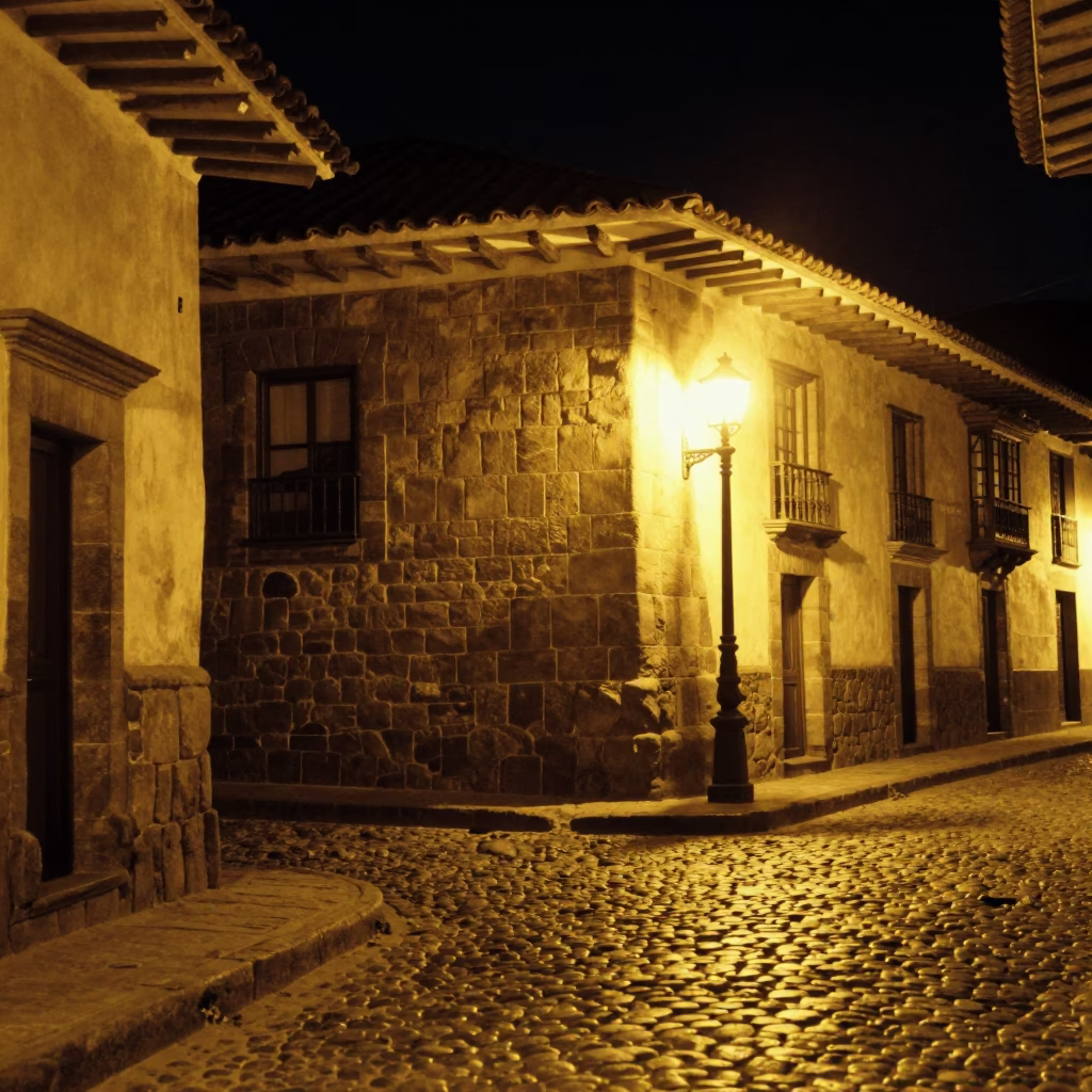 Street Scene in Cusco at Deep In The Night Light in in Cusco, Peru