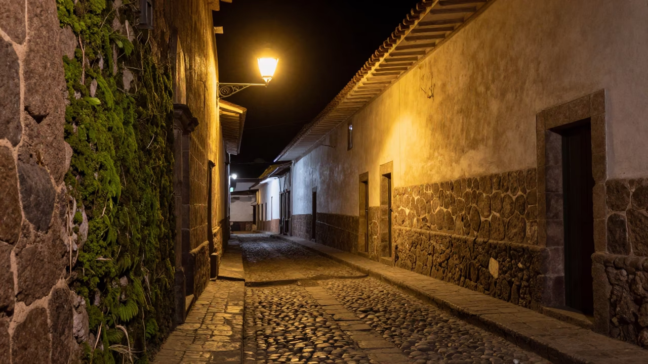 Street Scene in Cusco at Deep In The Night Light in in Cusco, Peru