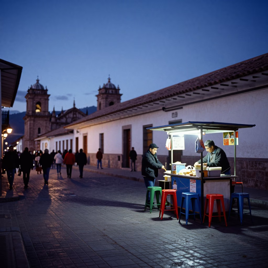 Street Scene in Cusco at Indigo Twilight After Sunset in in Cusco, Peru