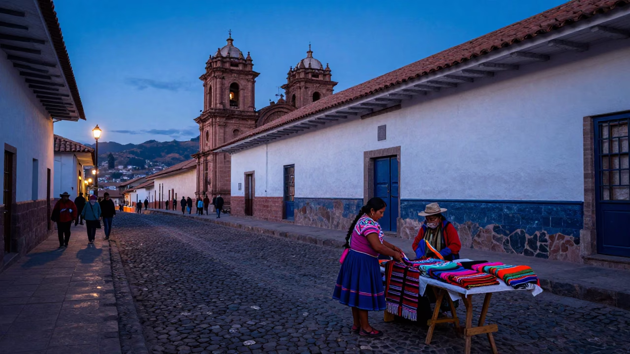 Street Scene in Cusco at Indigo Twilight After Sunset in in Cusco, Peru