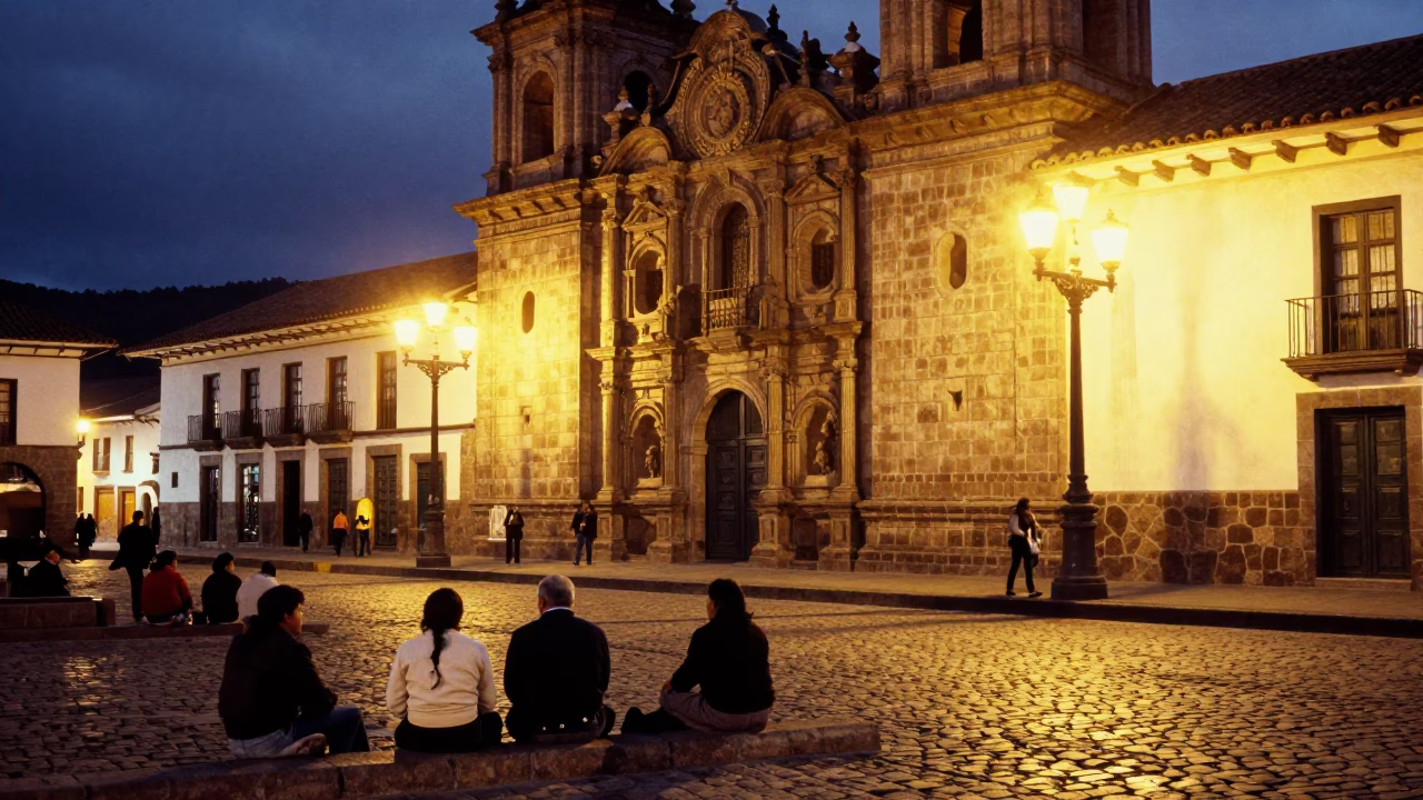 Street Scene in Cusco at Late At Night Light in in Cusco, Peru