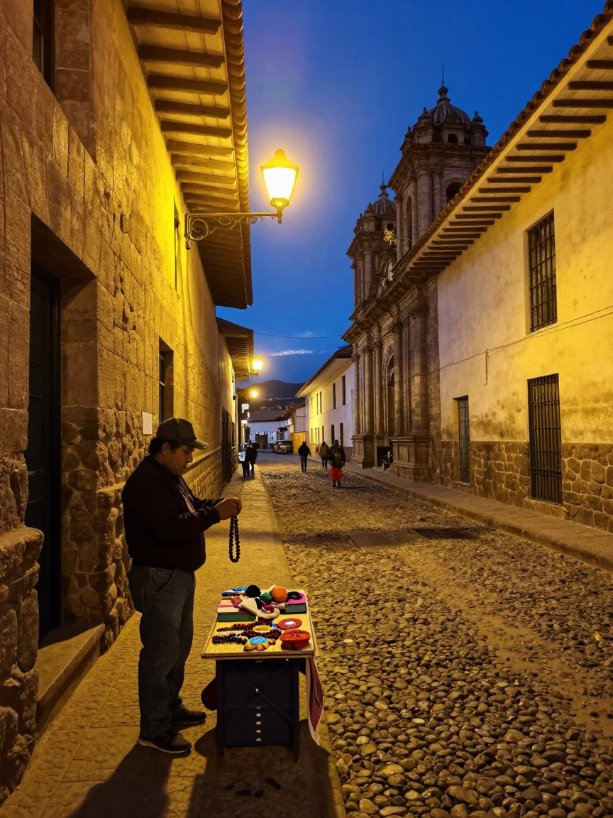 Street Scene in Cusco at Late At Night Light in in Cusco, Peru