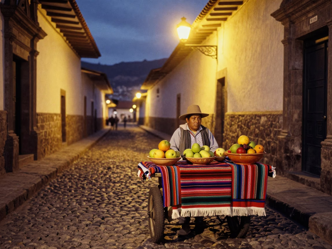 Street Scene in Cusco at Midnight Light in in Cusco, Peru
