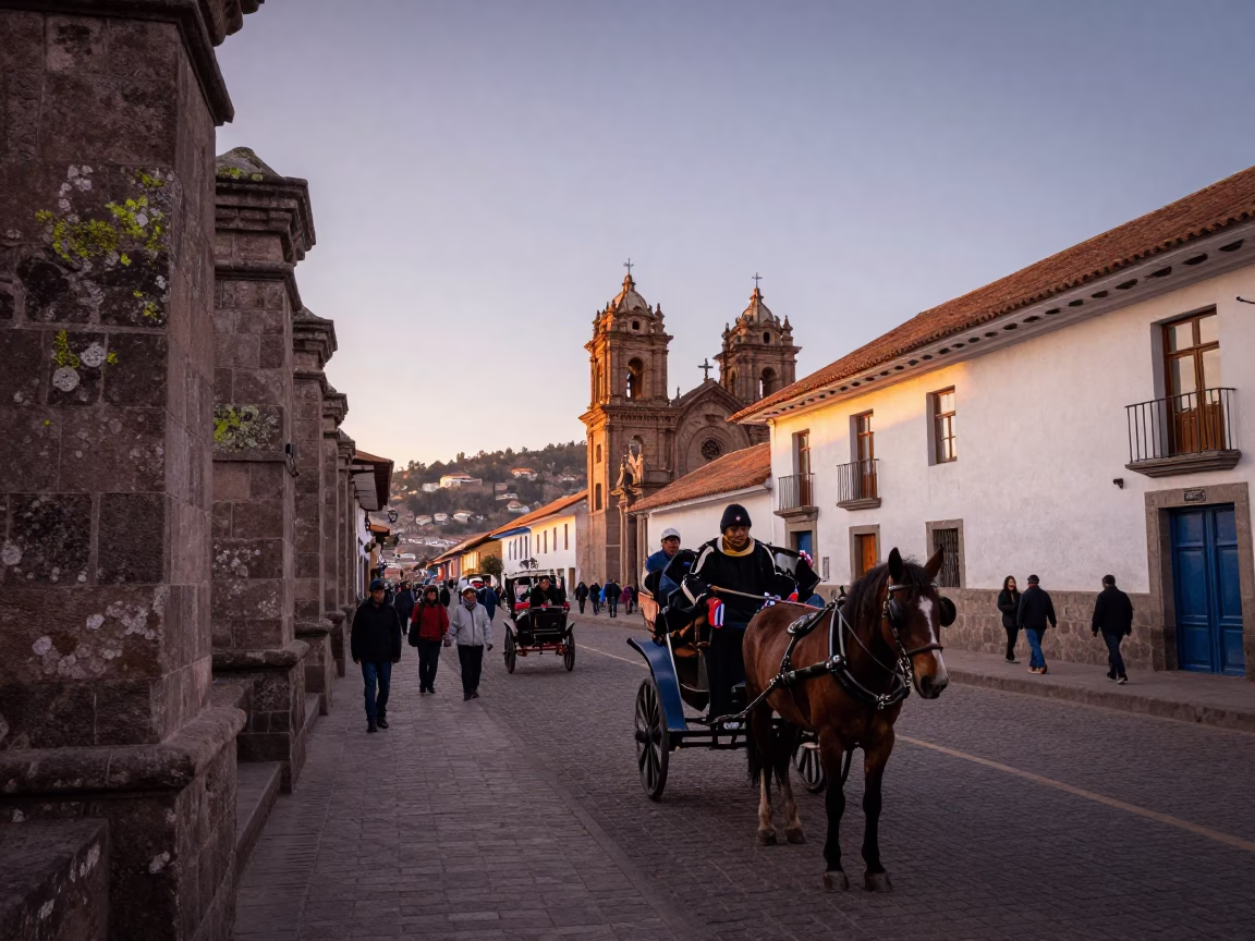 Street Scene in Cusco at Nautical Dawn Light in in Cusco, Peru