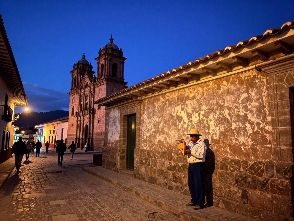 Street Scene in Cusco at Nautical Dawn Light in in Cusco, Peru