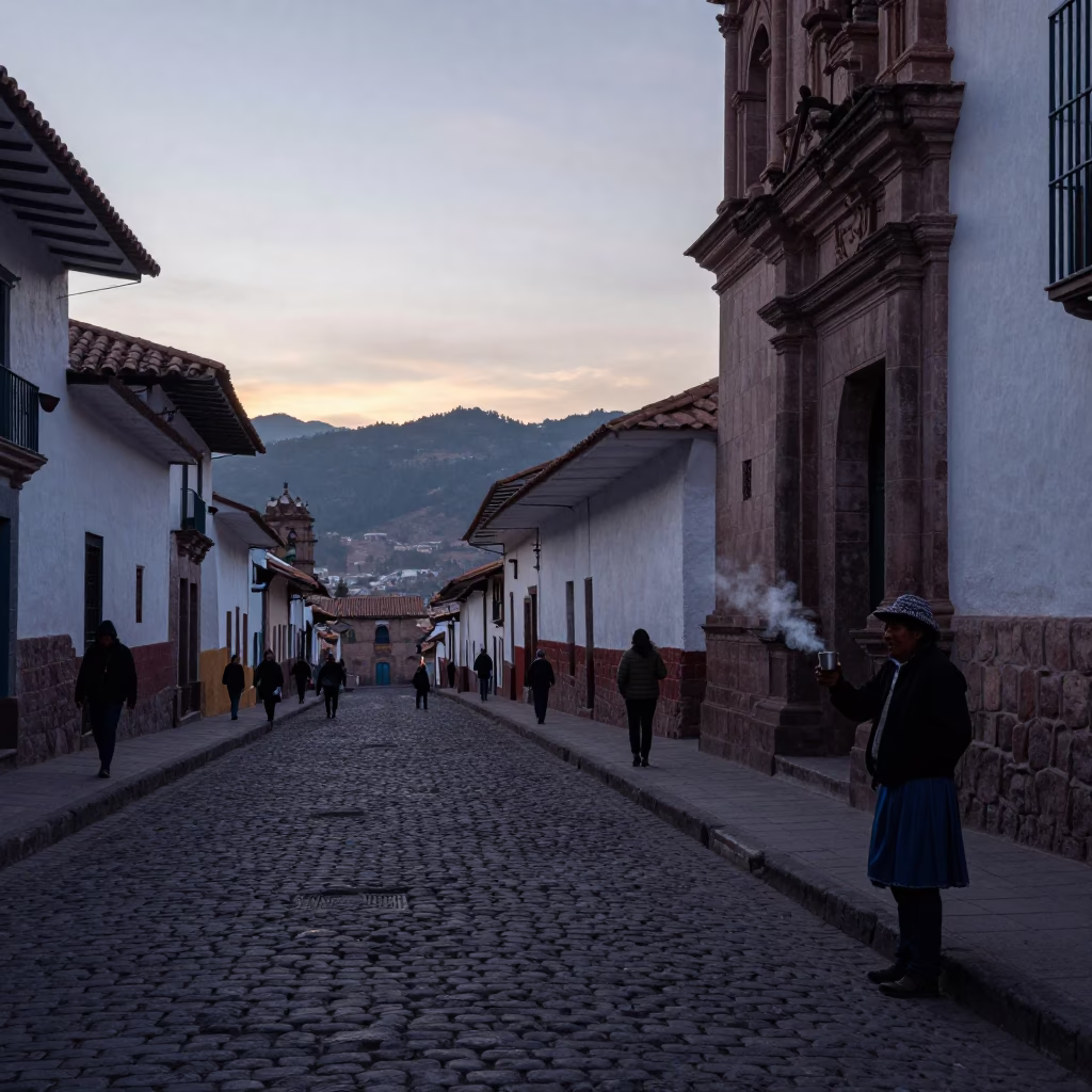 Street Scene in Cusco at Sunrise Light in in Cusco, Peru