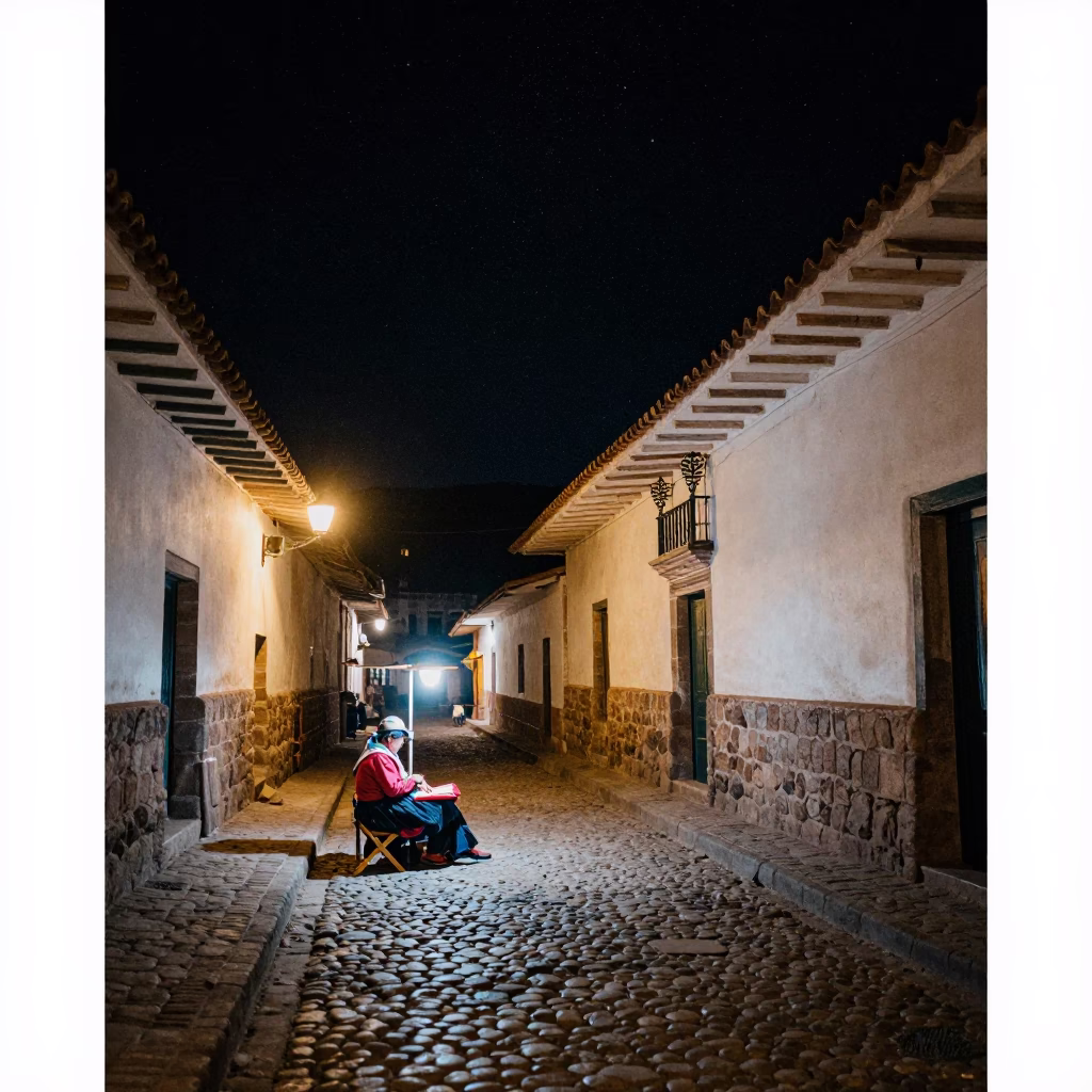 Street Scene in Cusco at The Deepest Night Sky Light in in Cusco, Peru