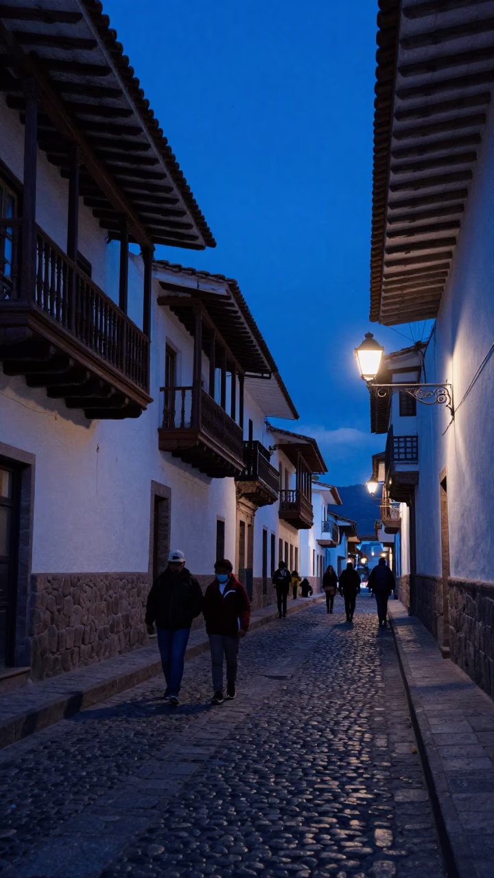Street Scene in Cusco at The Last Blue Light Of Evening in in Cusco, Peru