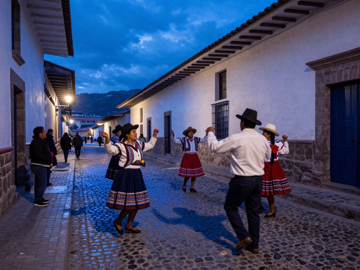 Street Scene in Cusco at The Last Blue Light Of Evening in in Cusco, Peru