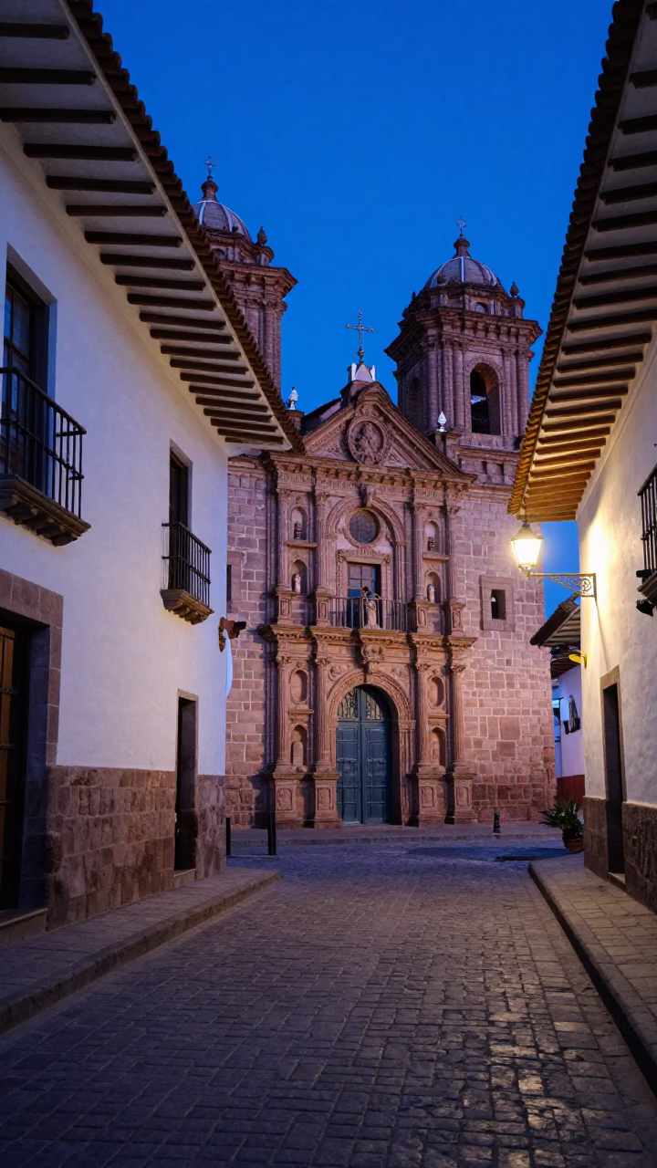 Street Scene in Cusco at The Last Blue Light Of Evening in in Cusco, Peru
