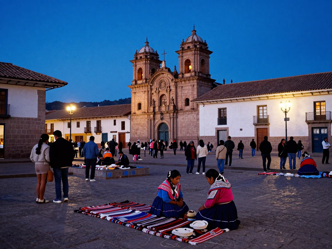 Street Scene in Cusco at The Last Blue Light Of Evening in in Cusco, Peru