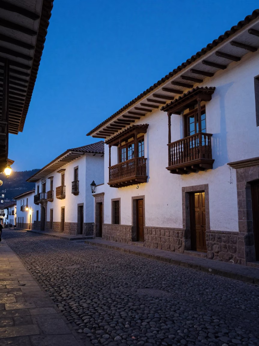 Street Scene in Cusco at The Last Blue Light Of Evening in in Cusco, Peru