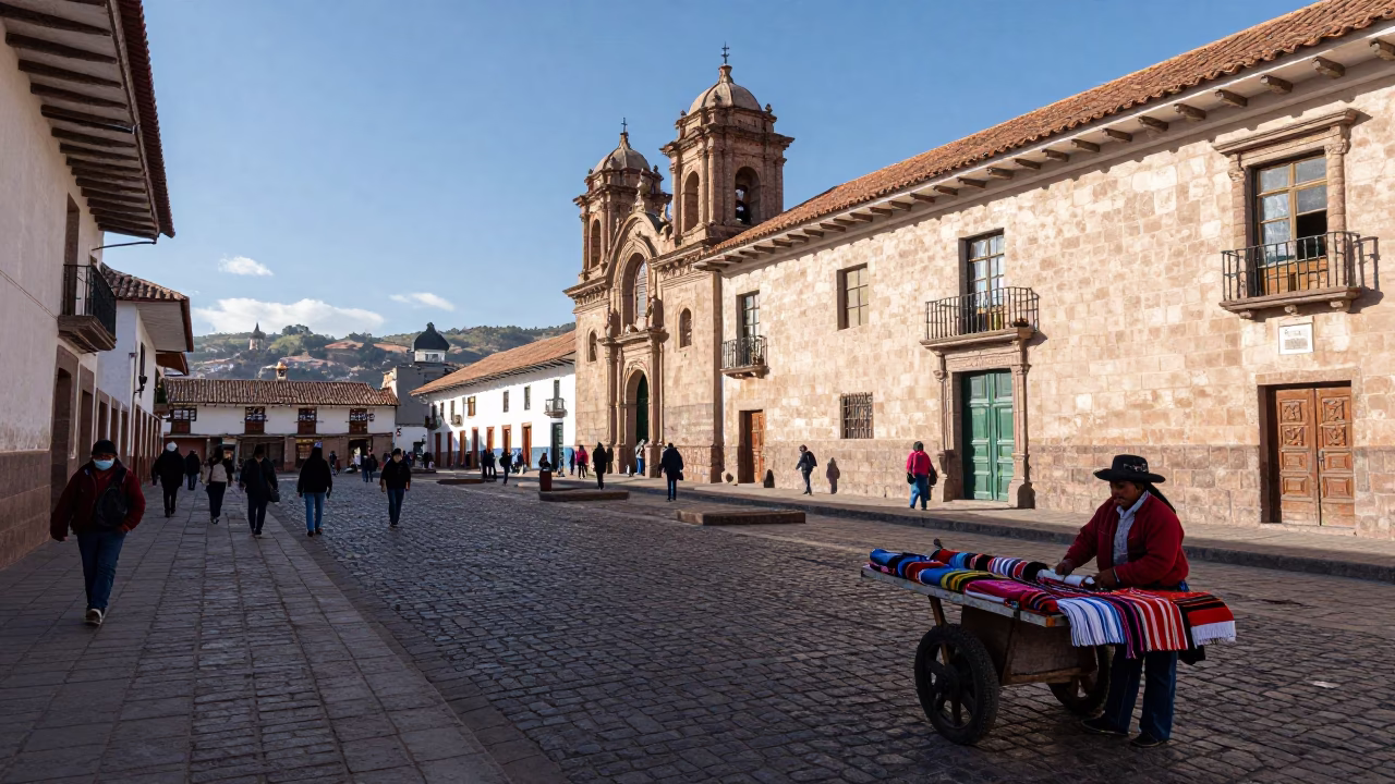 Street Scene in Cusco at The Late Morning Light in in Cusco, Peru