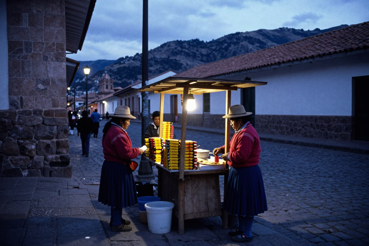 Street Scene in Cusco at The Still Hours Before Dawn Light in in Cusco, Peru