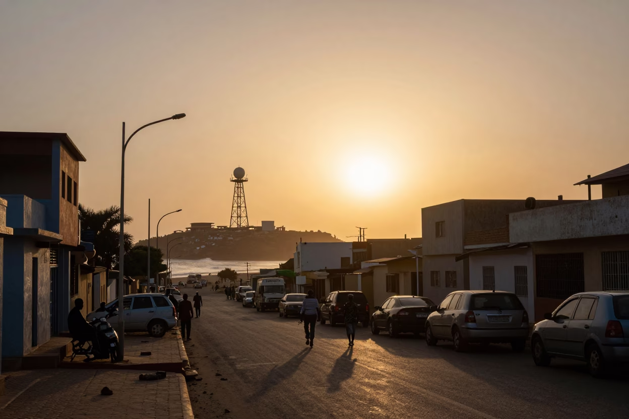 Street Scene in Dakar at As The Sun Drops Toward The Horizon in in Dakar, Senegal