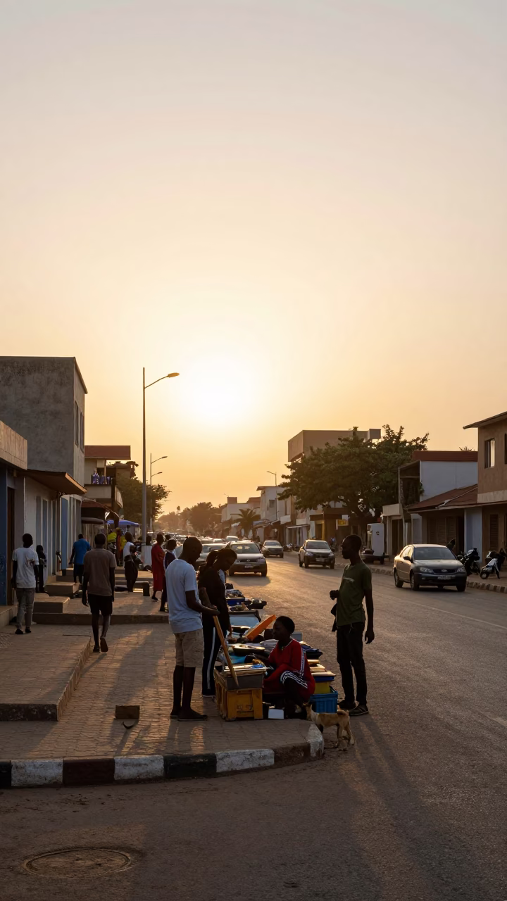 Street Scene in Dakar at As The Sun Drops Toward The Horizon in in Dakar, Senegal