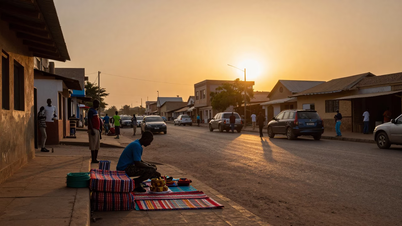 Street Scene in Dakar at As The Sun Drops Toward The Horizon in in Dakar, Senegal