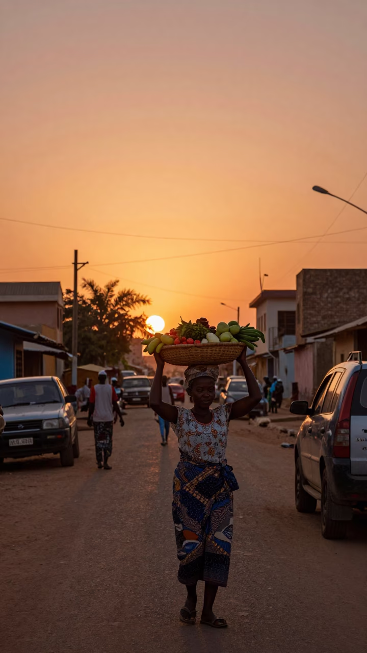 Street Scene in Dakar at Copper-toned Light Before Dusk in in Dakar, Senegal