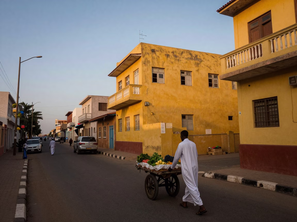 Street Scene in Dakar at Nautical Dawn Light in in Dakar, Senegal