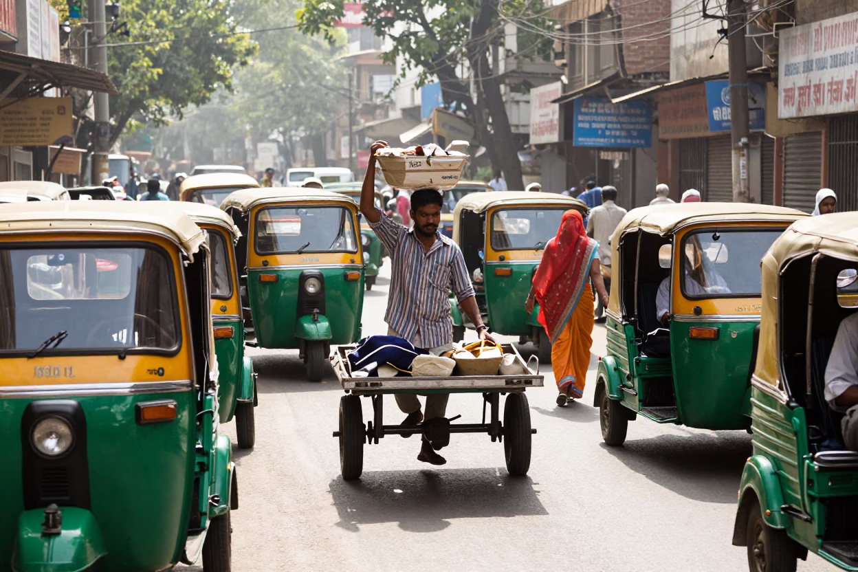 Street Scene in Delhi at Bright Midmorning Light in in Delhi, India