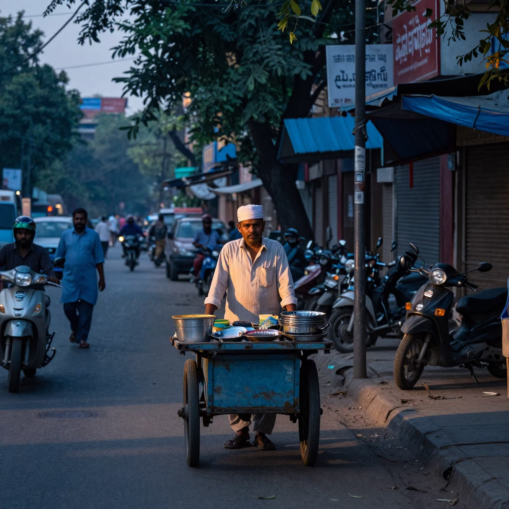 Street Scene in Delhi at First Light Of Dawn in in Delhi, India