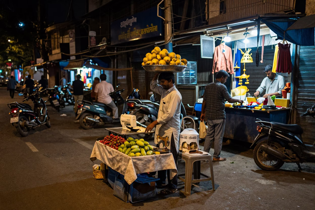Street Scene in Delhi at Midnight Light in in Delhi, India