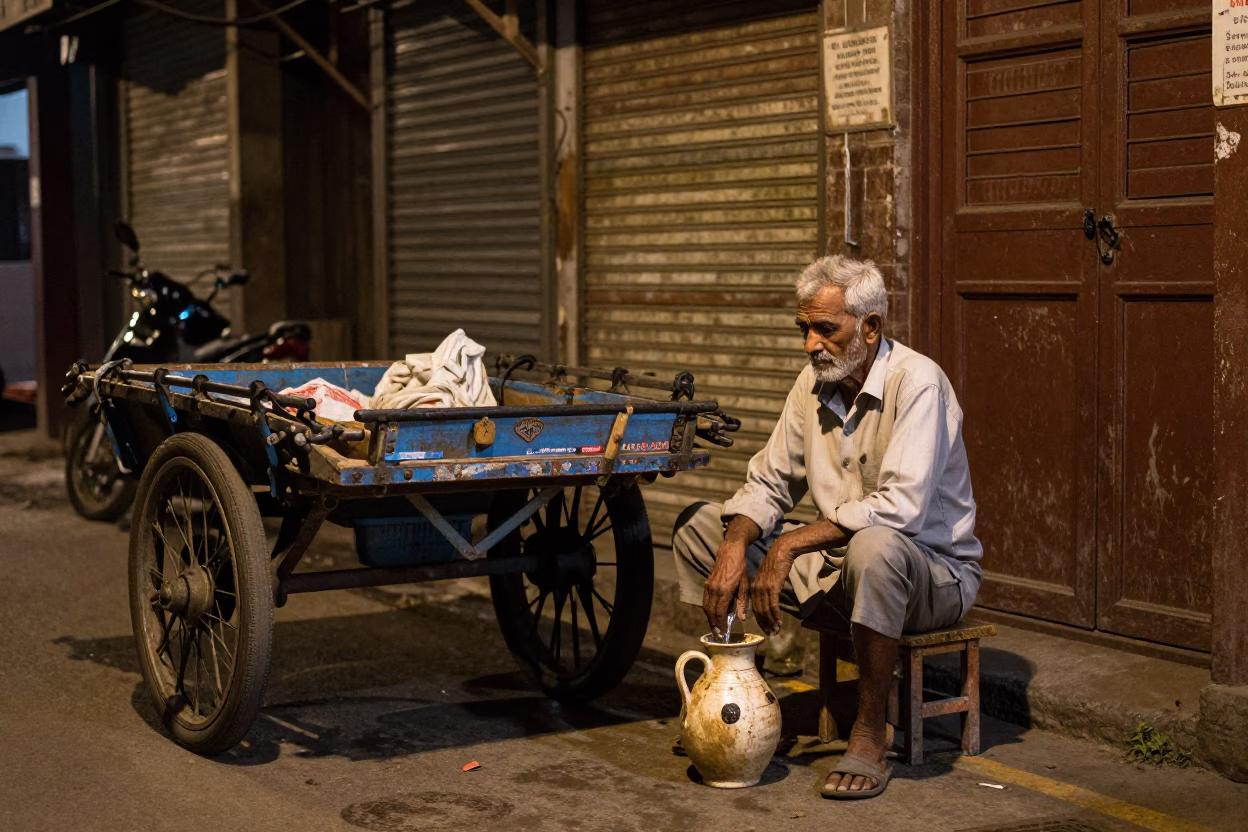 Street Scene in Delhi at Midnight Light in in Delhi, India