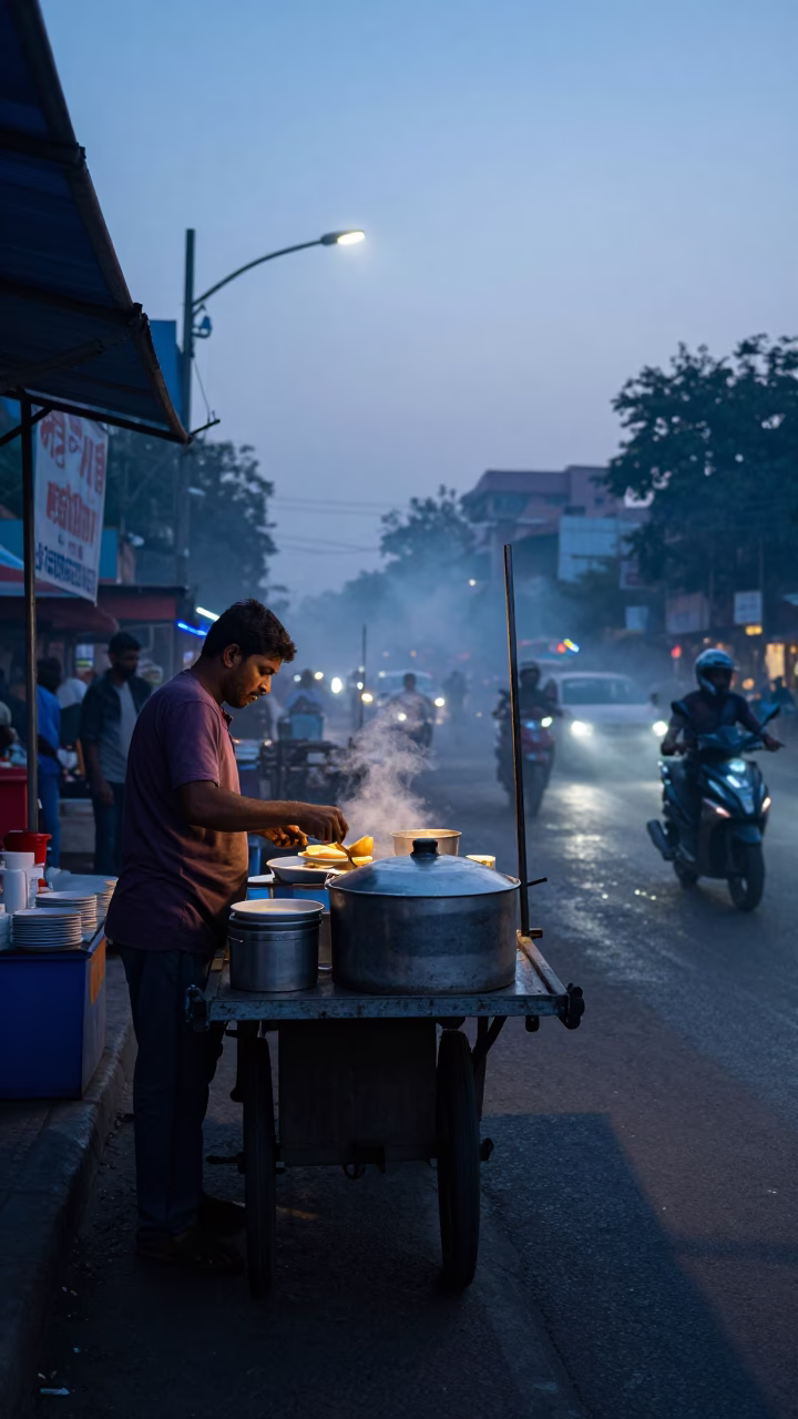 Street Scene in Delhi at Nautical Dawn Light in in Delhi, India