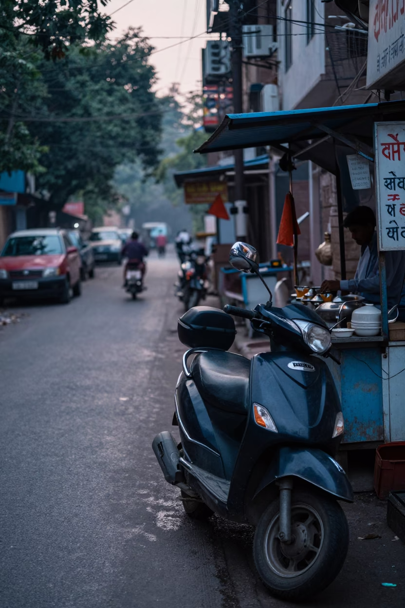 Street Scene in Delhi at Sunrise Light in in Delhi, India