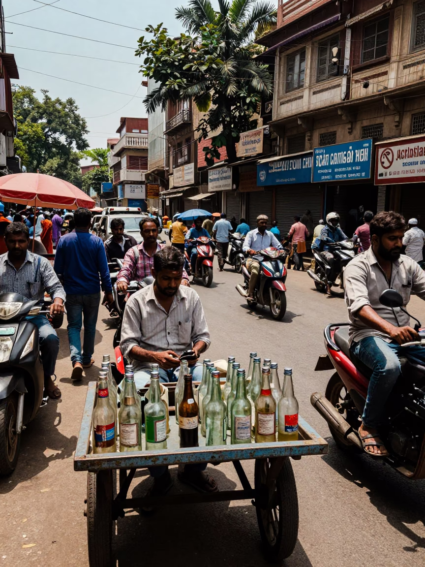 Street Scene in Delhi at The Flat Glare Of Noon Light in in Delhi, India