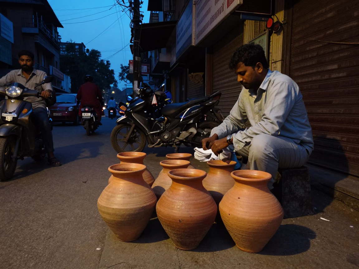 Street Scene in Delhi at Twilight in in Delhi, India