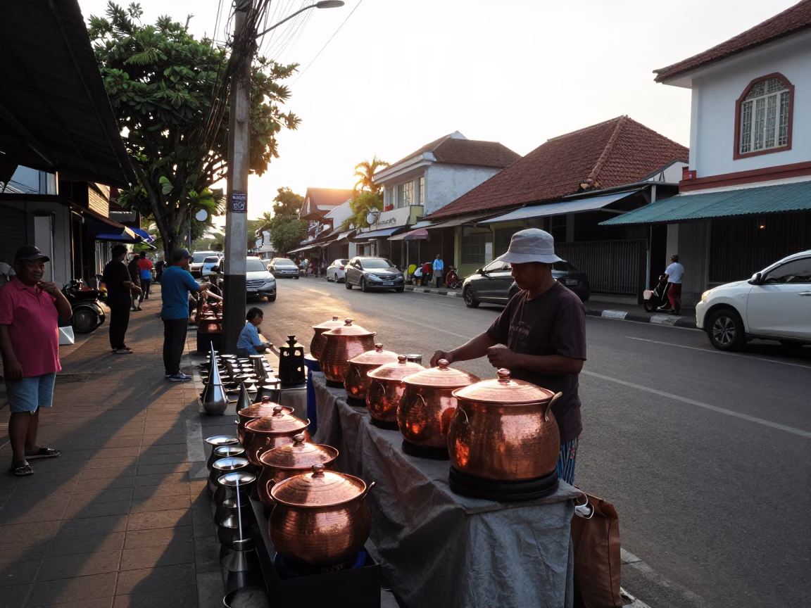Street Scene in Denpasar at As First Light Reaches The Scene in in Denpasar, Indonesia
