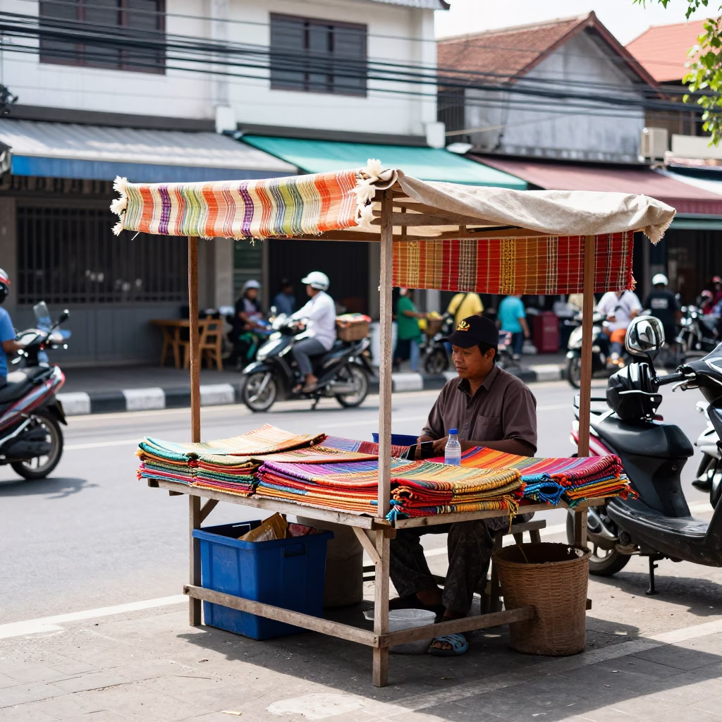 Street Scene in Denpasar at Bright Midmorning Light in in Denpasar, Indonesia