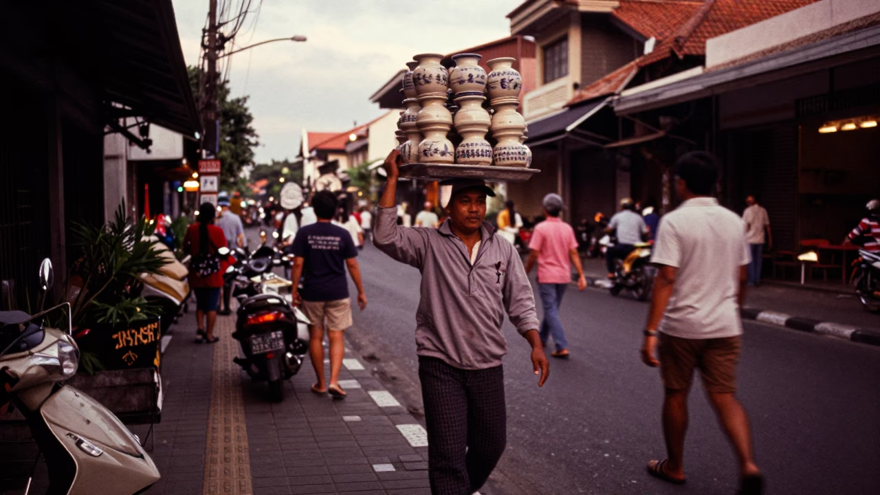 Street Scene in Denpasar at Copper-toned Light Before Dusk in in Denpasar, Indonesia