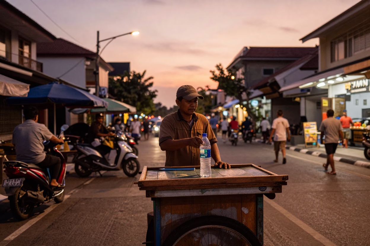 Street Scene in Denpasar at Copper-toned Light Before Dusk in in Denpasar, Indonesia