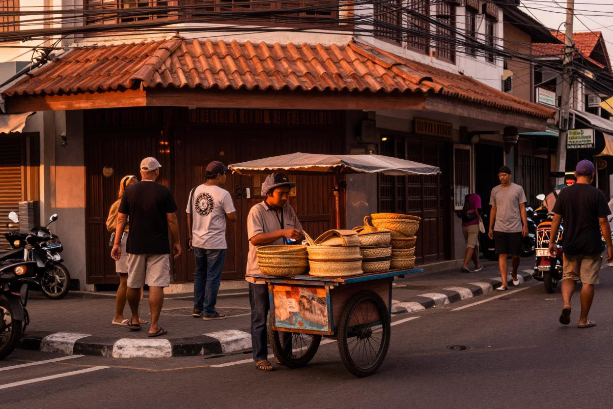 Street Scene in Denpasar at Copper-toned Light Before Dusk in in Denpasar, Indonesia