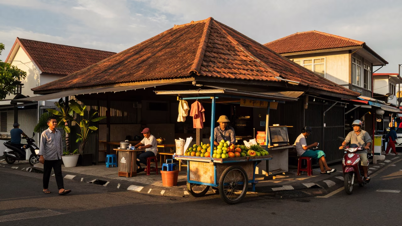 Street Scene in Denpasar at Honeyed Evening Light in in Denpasar, Indonesia
